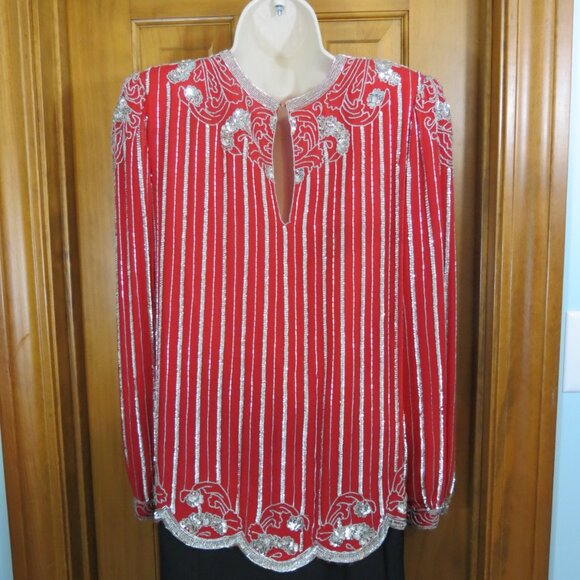 VTG Neiman Marcus Red Top Silver Sequins & Beading Silk Size Med Flaw - Picture 6 of 11